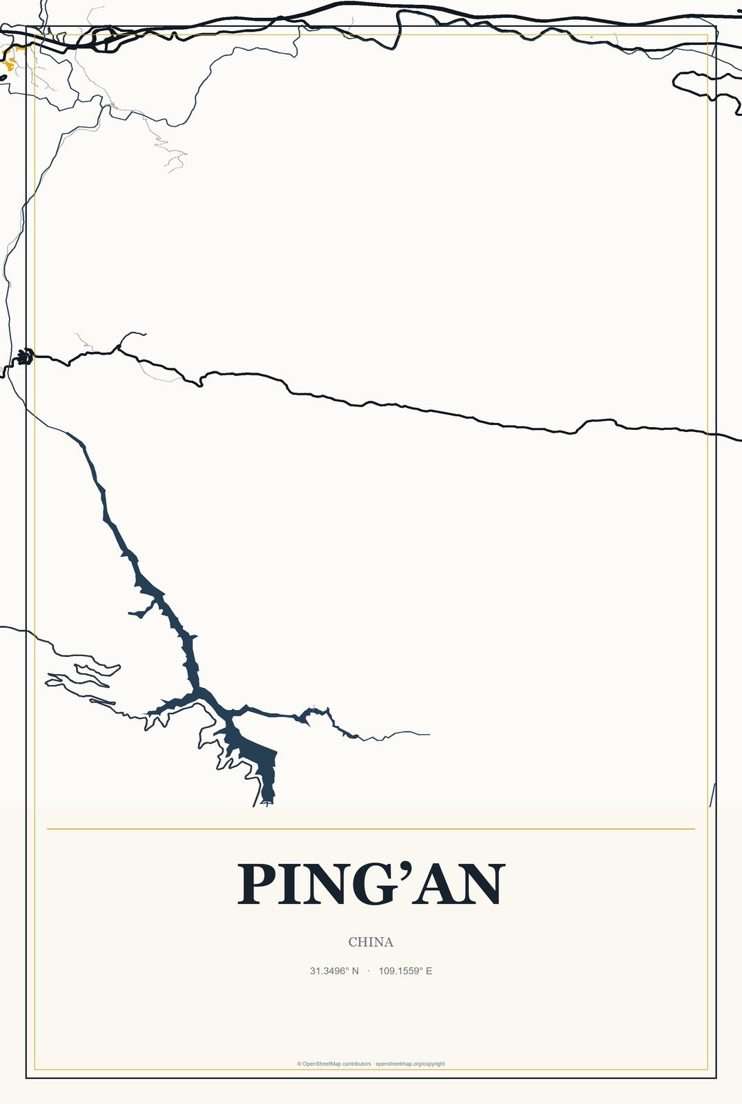 Ping’an, China City Map Aluminum Sign in Citrine Modern style