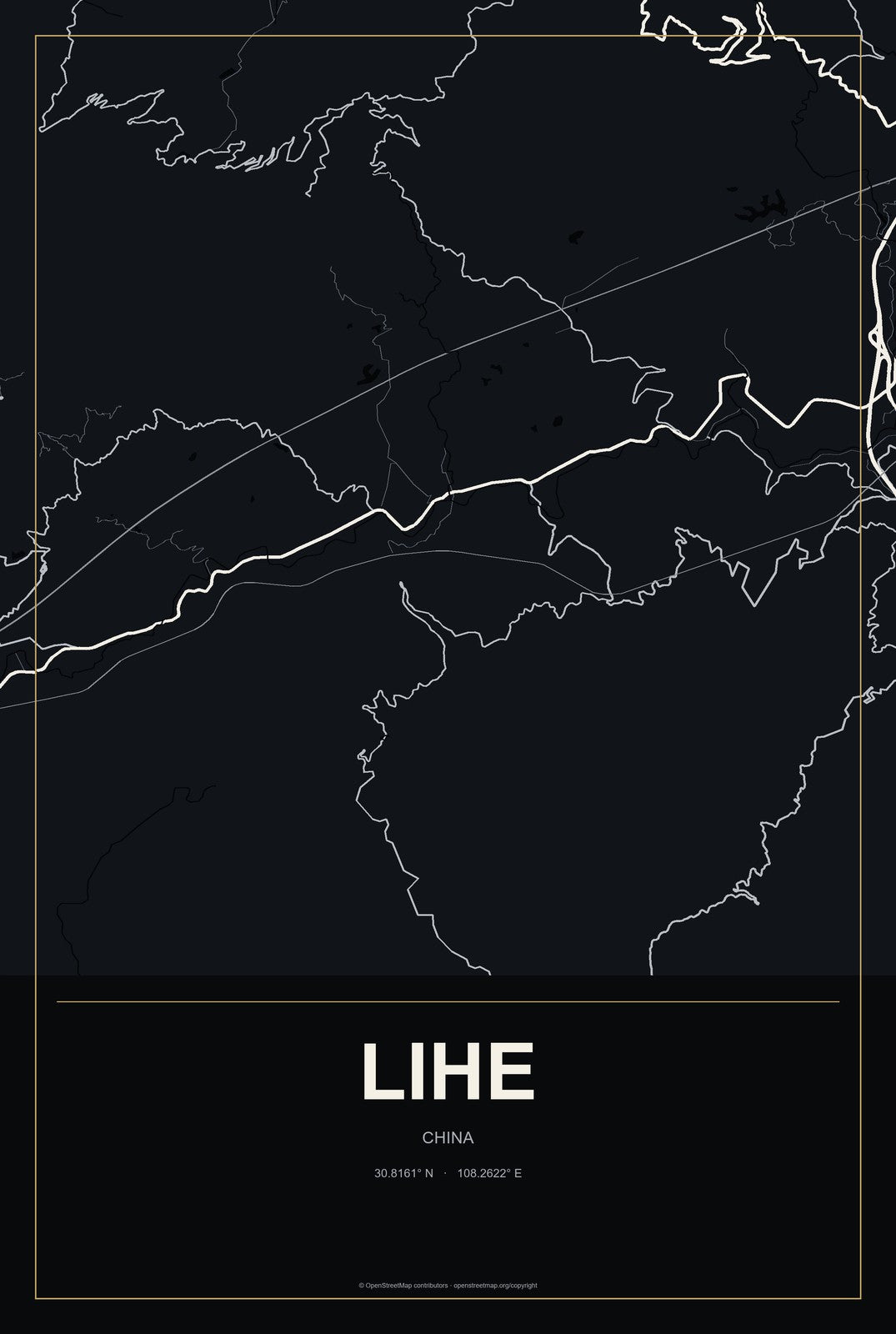 Lihe, China City Map Aluminum Sign in Metropolitan Noir style