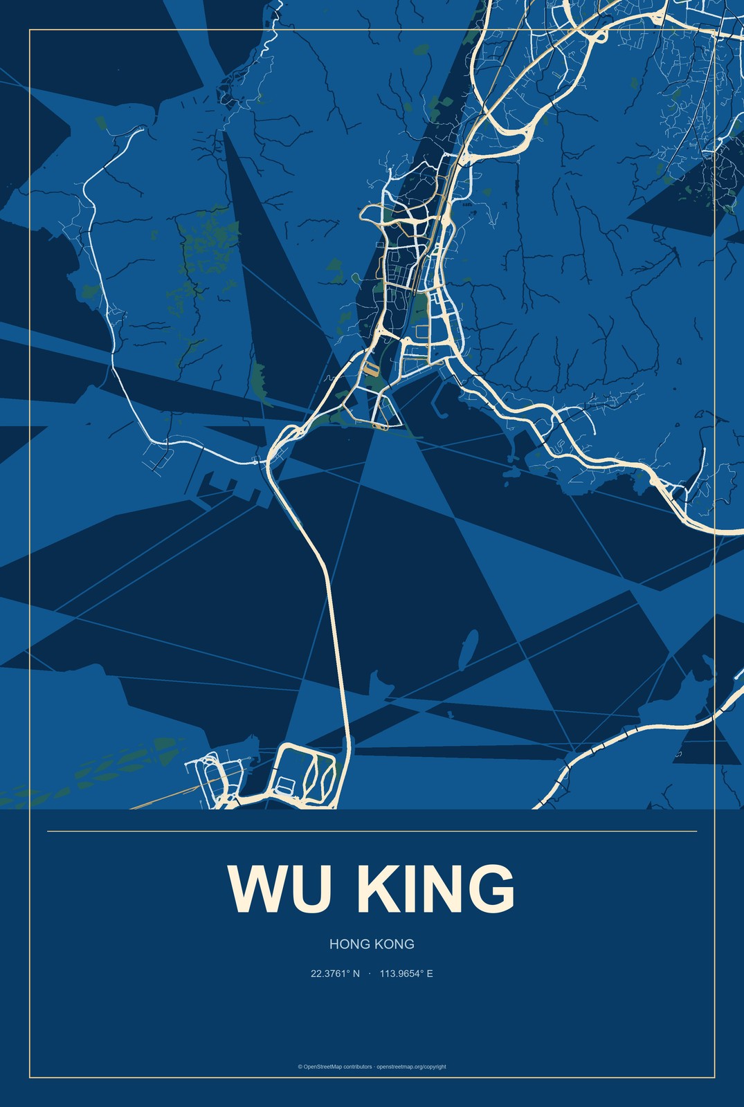 Wu King, Hong Kong City Map Aluminum Sign in Harbor Cobalt style
