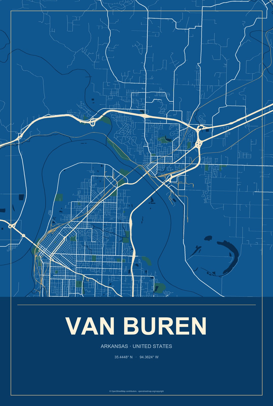 Van Buren, Arkansas City Map Aluminum Sign in Harbor Cobalt style