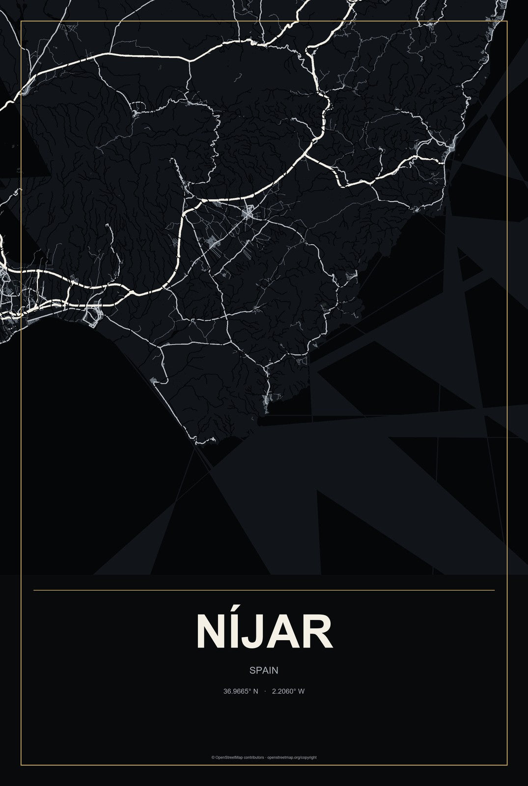 Níjar, Spain City Map Aluminum Sign in Metropolitan Noir style