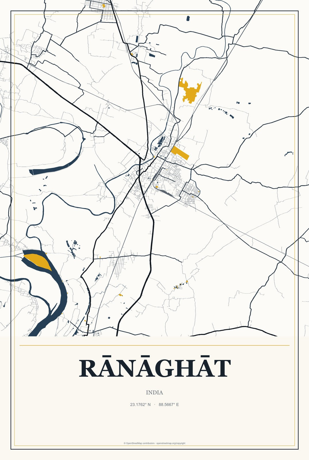 Rānāghāt, India City Map Aluminum Sign in Citrine Modern style