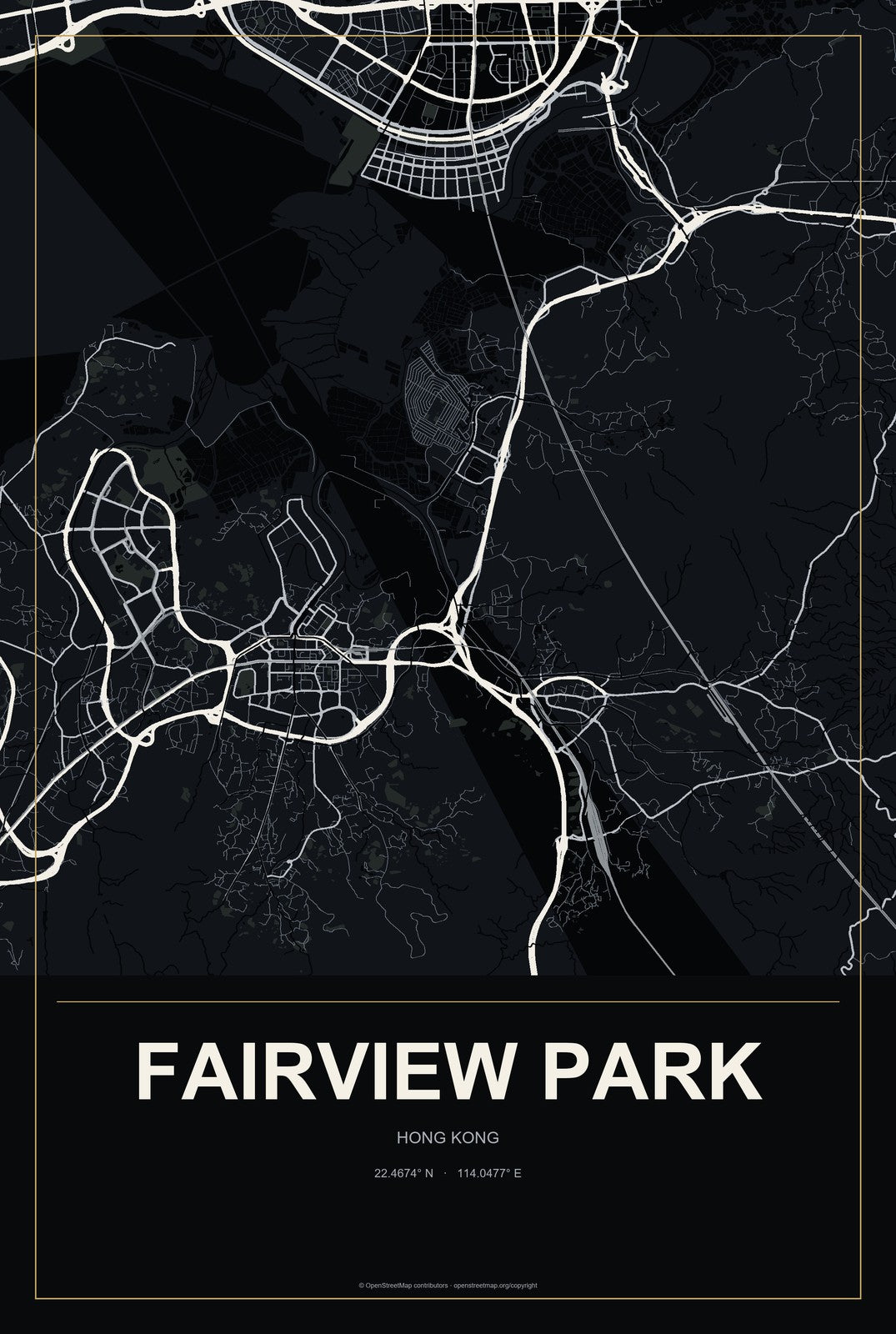 Fairview Park, Hong Kong City Map Aluminum Sign in Metropolitan Noir style