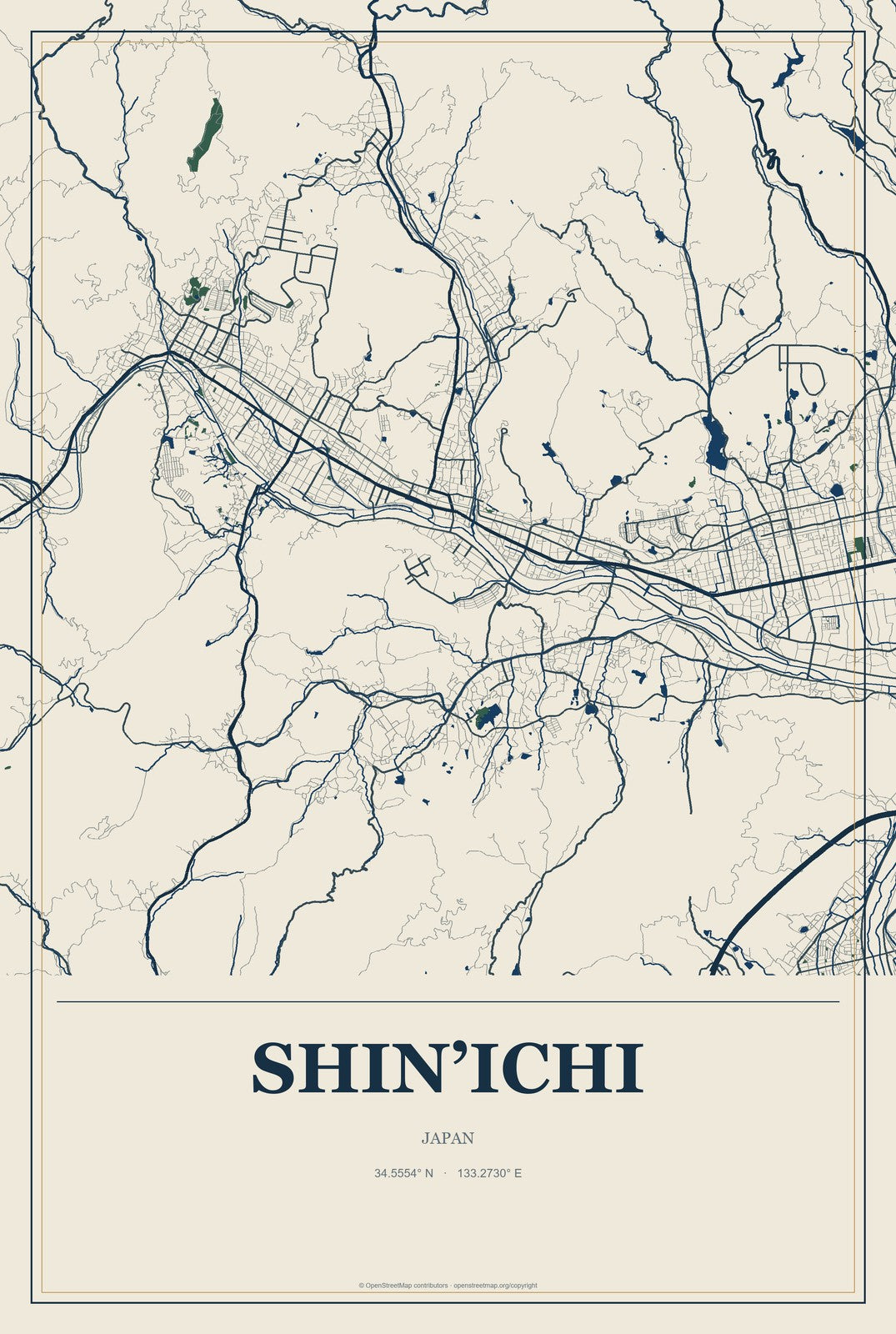 Shin’ichi, Japan City Map Aluminum Sign in Coastal Cutout style