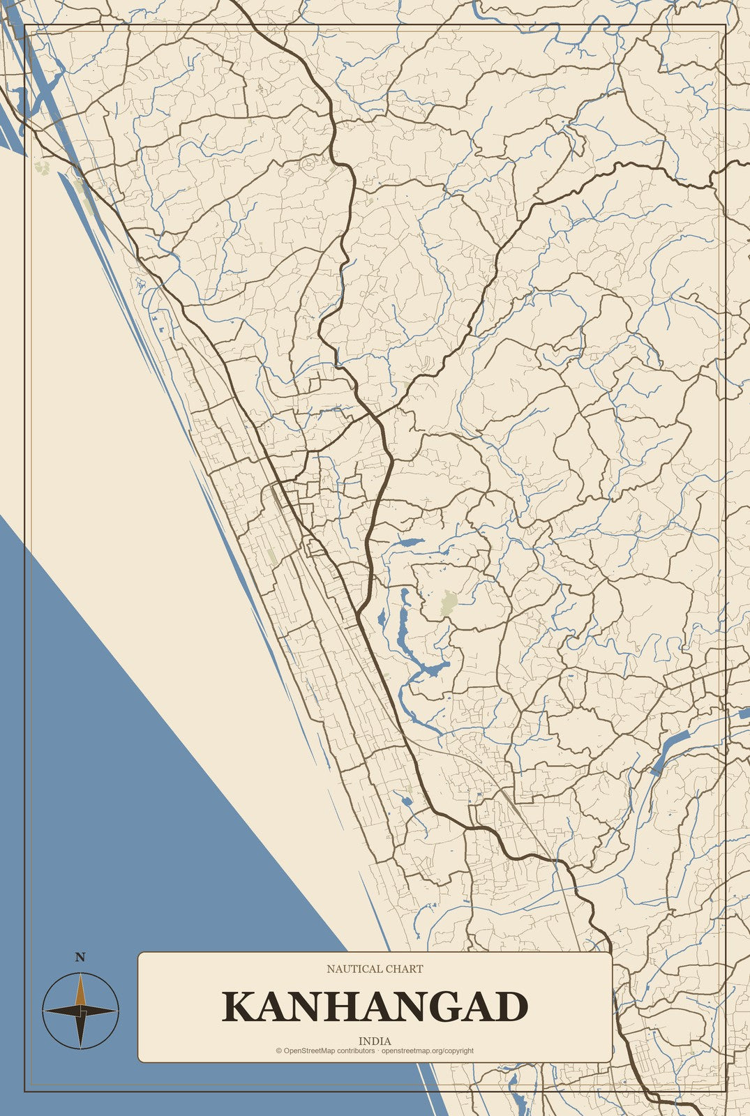 Kanhangad, India City Map Aluminum Sign in Heritage Nautical style