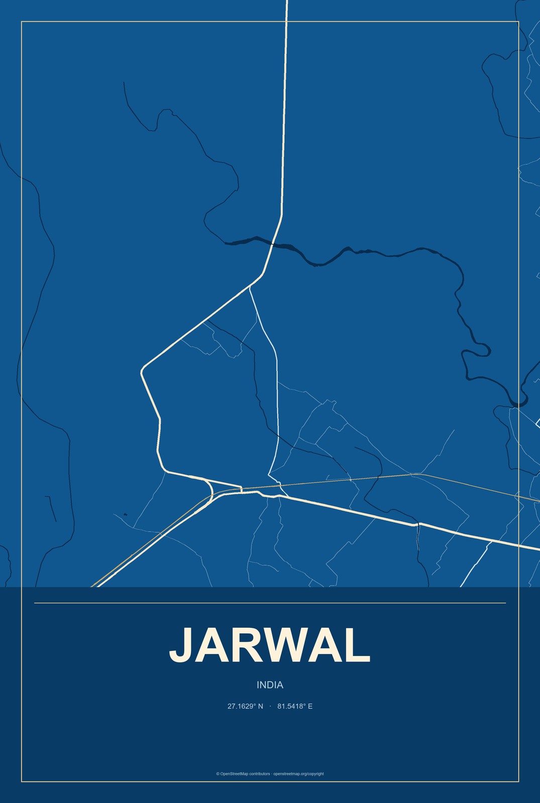 Jarwal, India City Map Aluminum Sign in Harbor Cobalt style