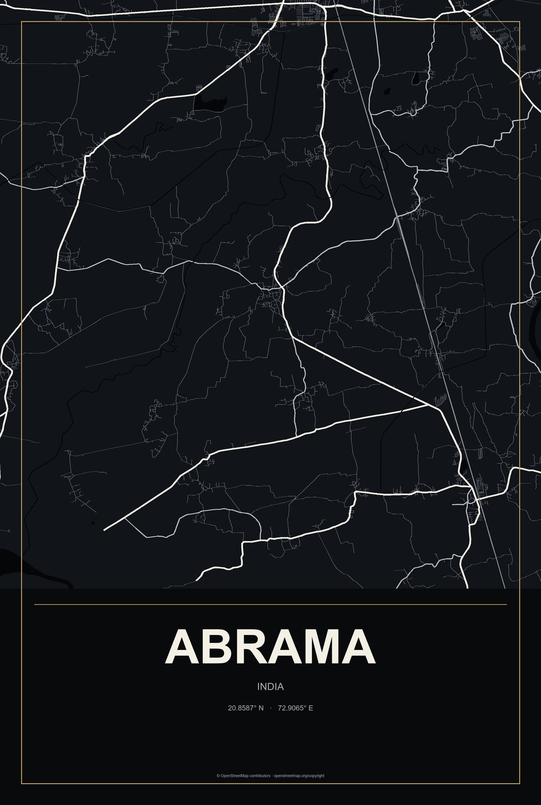Abrama, India City Map Aluminum Sign in Metropolitan Noir style