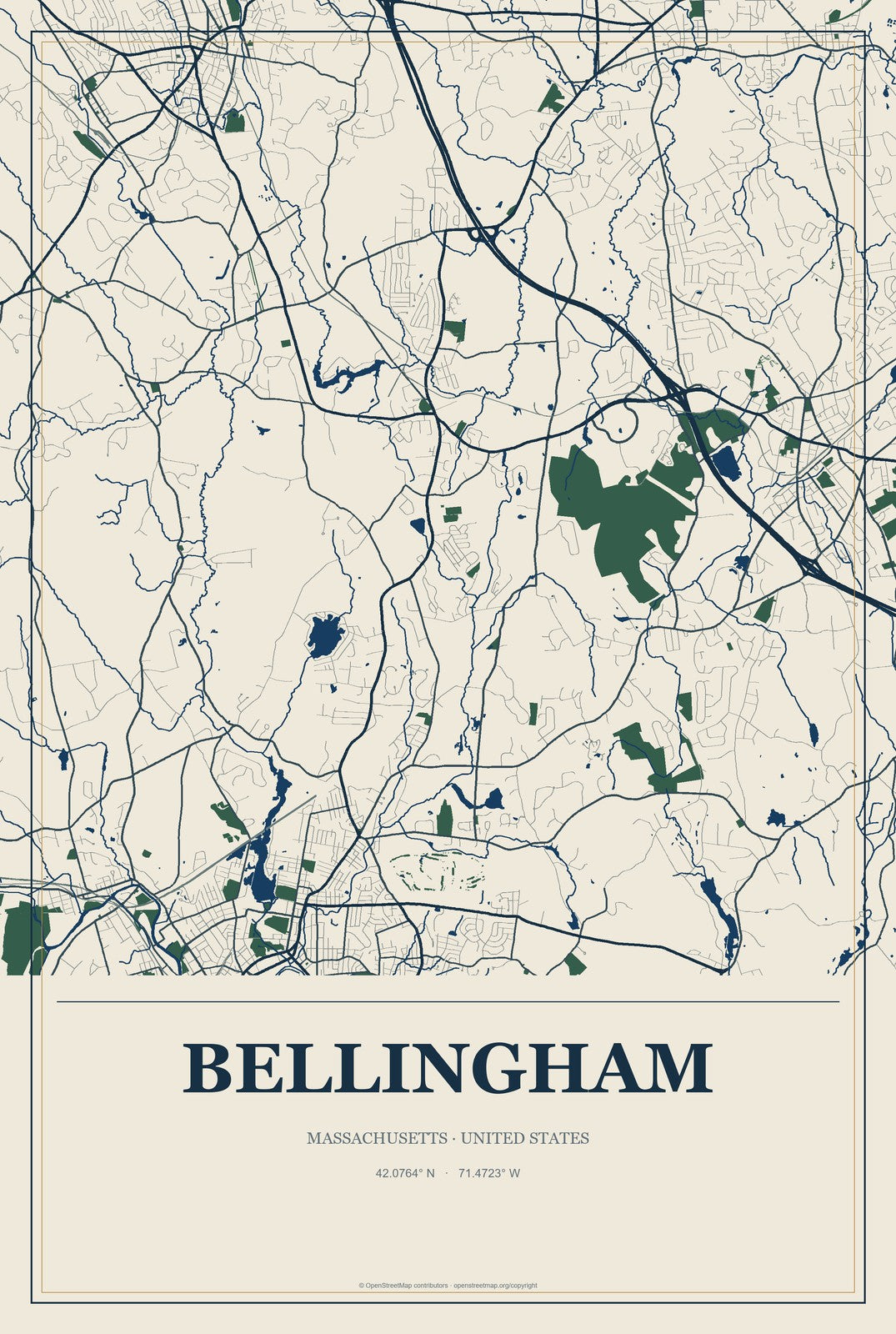 Bellingham, Massachusetts City Map Aluminum Sign in Coastal Cutout style