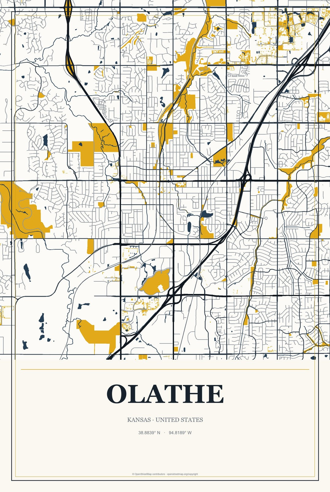 Olathe, Kansas City Map Aluminum Sign in Citrine Modern style
