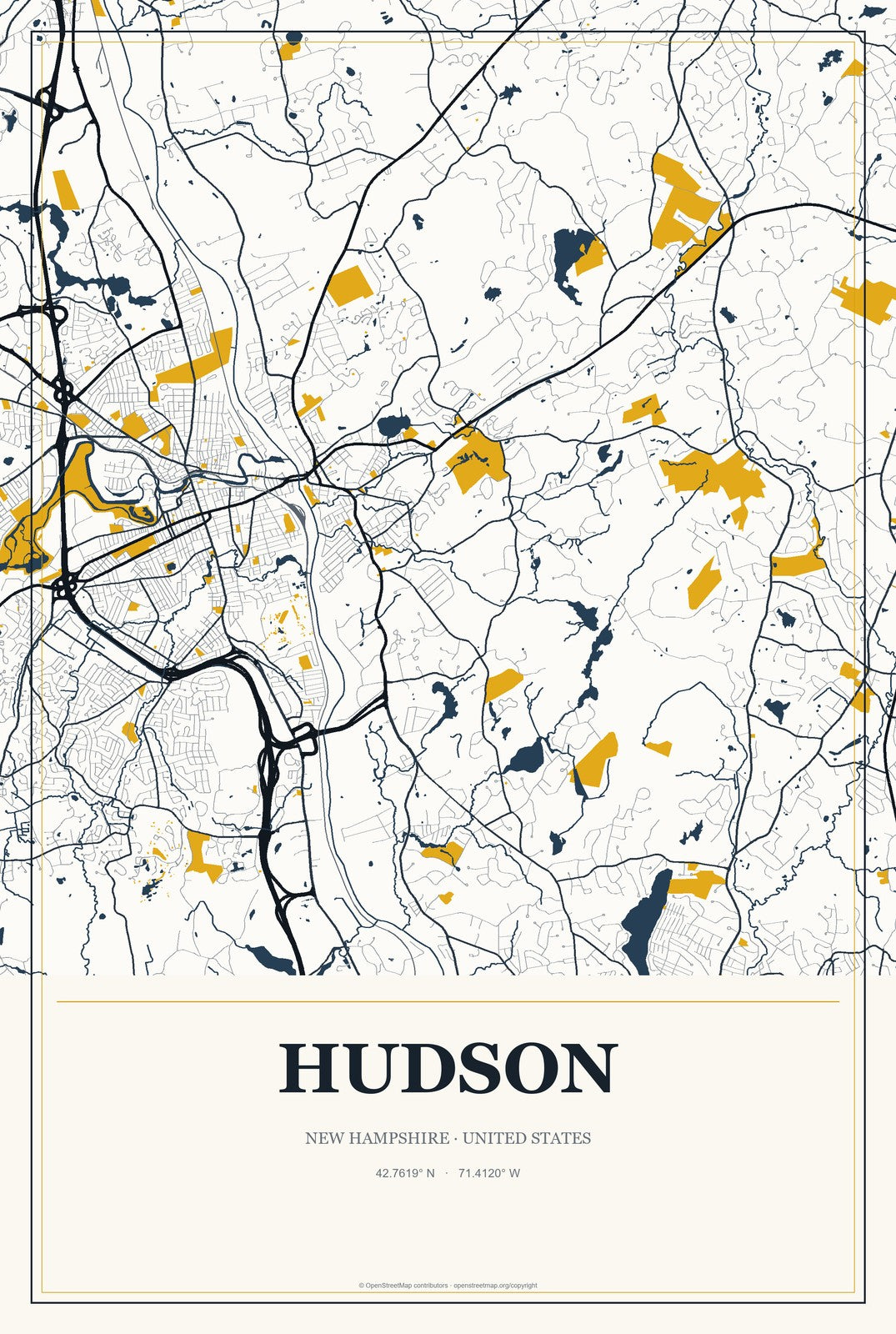 Hudson, New Hampshire City Map Aluminum Sign in Citrine Modern style