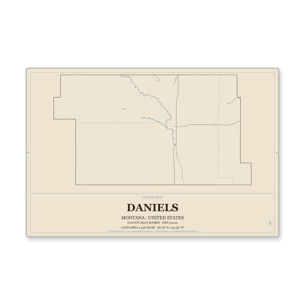 Daniels County, Montana Map Aluminum Sign in Heritage Nautical style