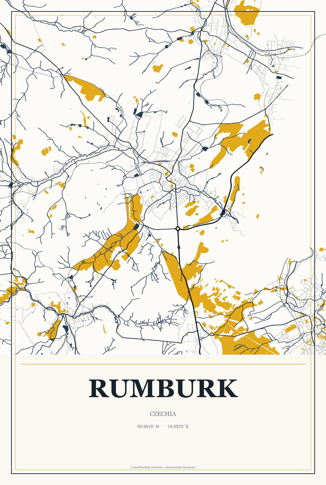Rumburk, Czechia City Map Aluminum Sign in Citrine Modern style