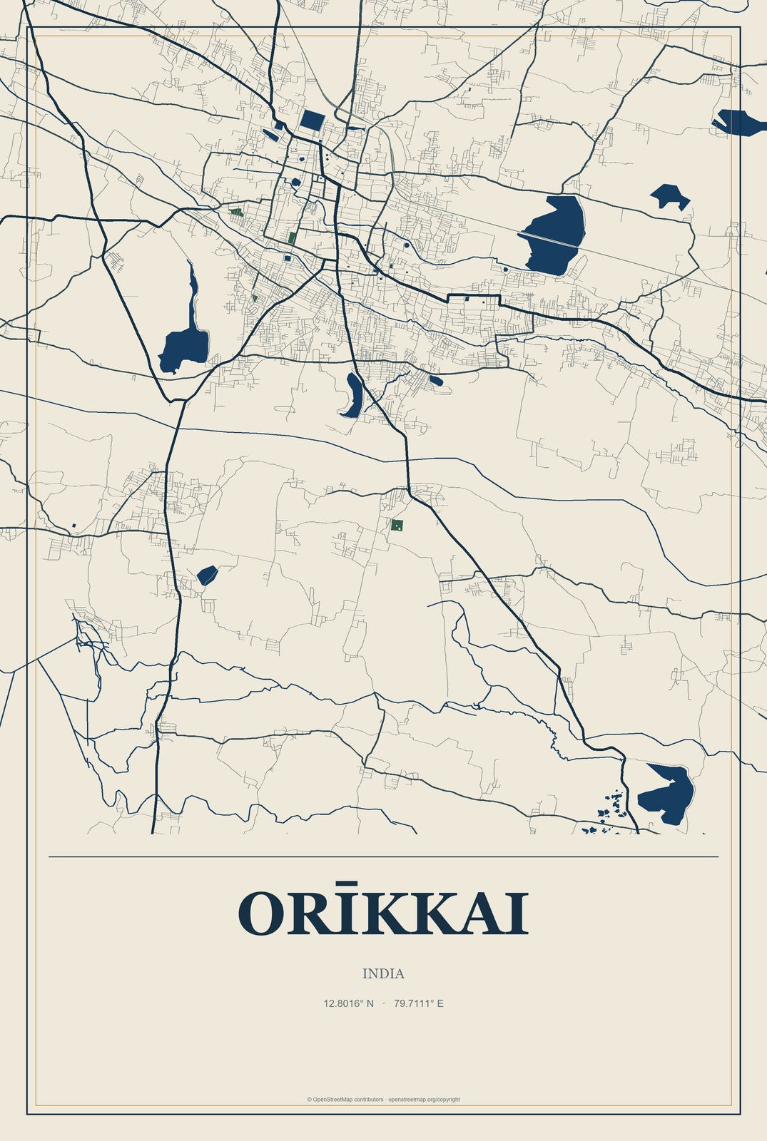 Orīkkai, India City Map Aluminum Sign in Coastal Cutout style