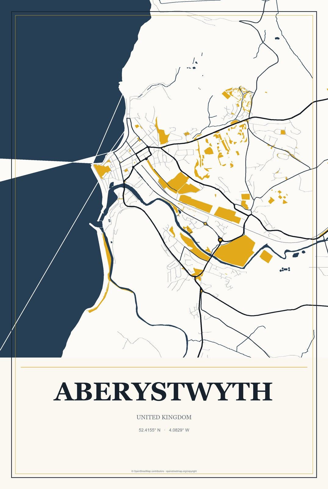 Aberystwyth, United Kingdom City Map Aluminum Sign in Citrine Modern style
