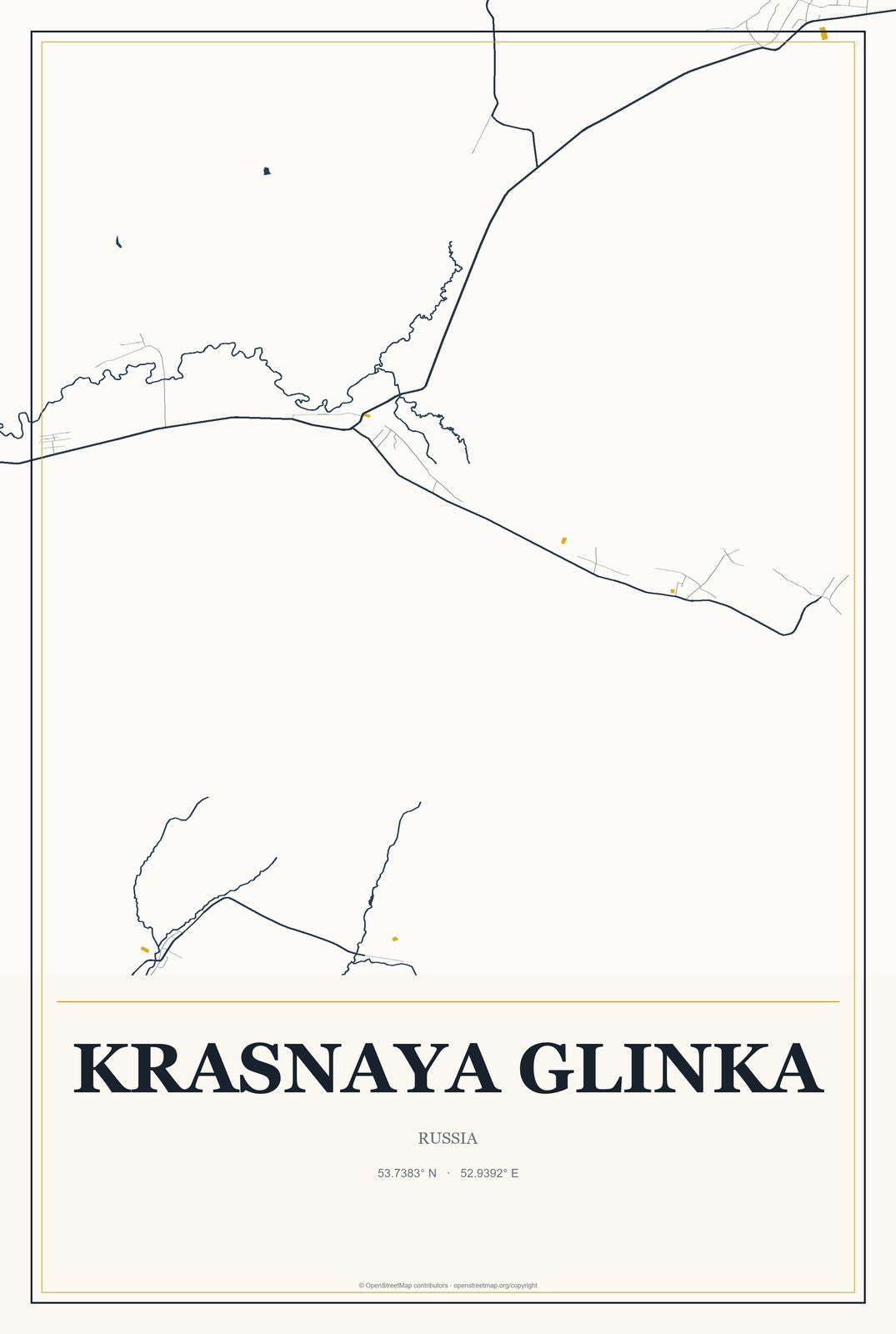 Krasnaya Glinka, Russia City Map Aluminum Sign in Citrine Modern style