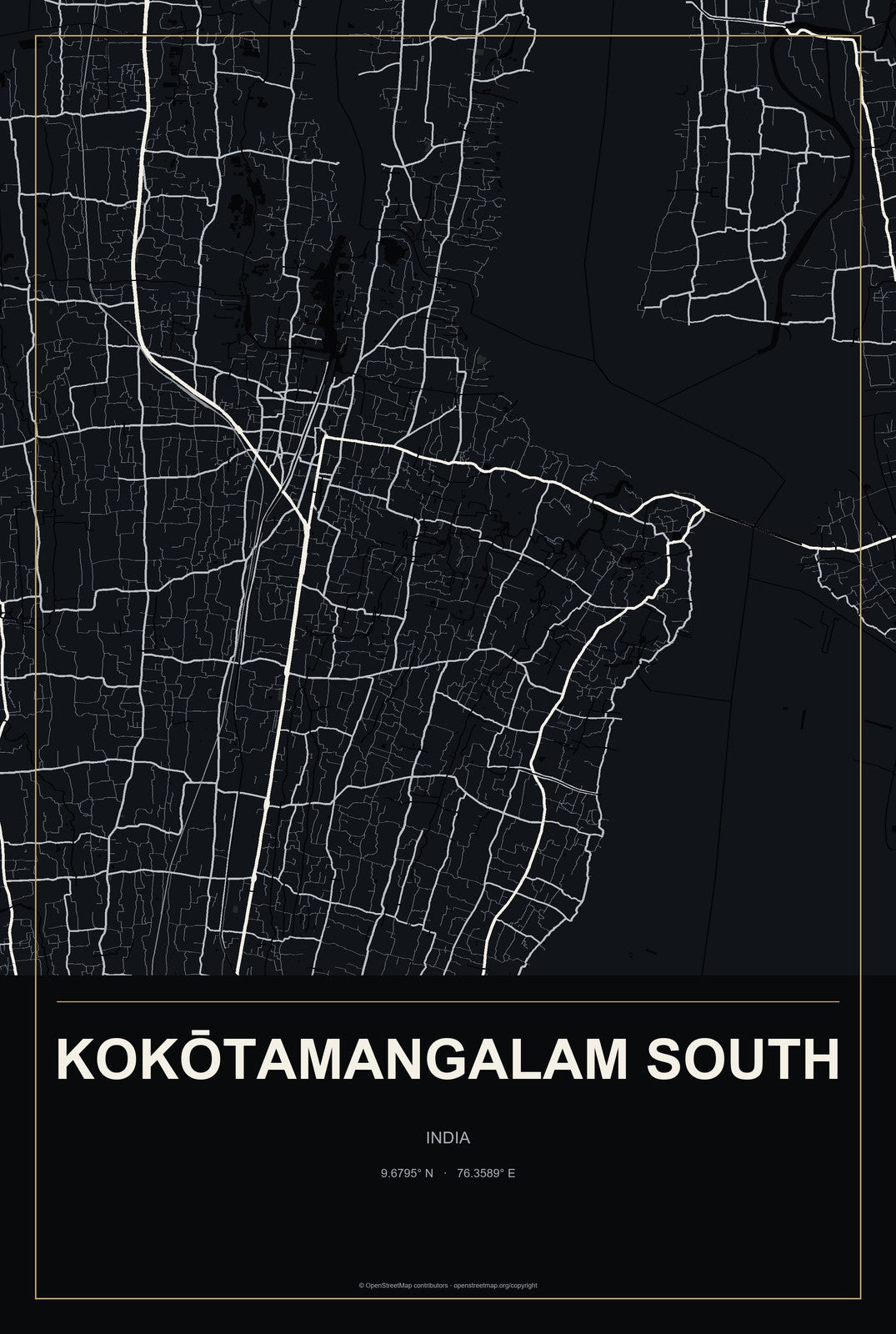 Kokōtamangalam South, India City Map Aluminum Sign in Metropolitan Noir style