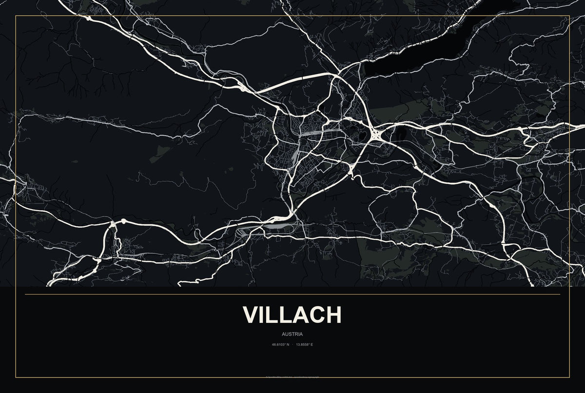 Villach, Austria City Map Aluminum Sign in Metropolitan Noir style