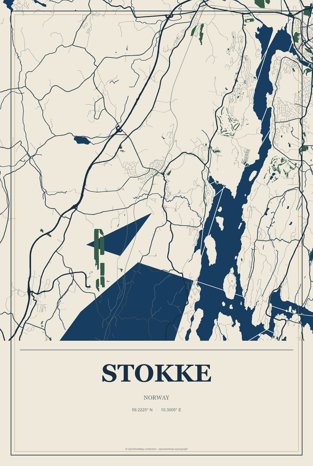 Stokke, Norway City Map Aluminum Sign in Coastal Cutout style