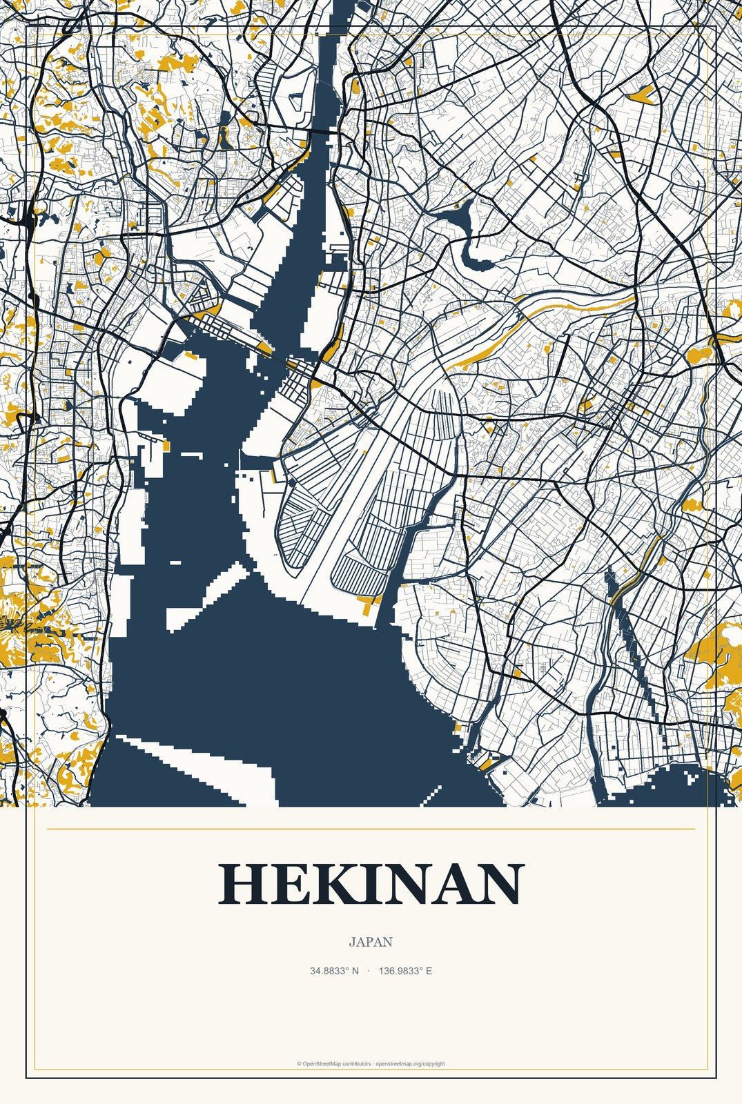 Hekinan, Japan City Map Aluminum Sign in Citrine Modern style
