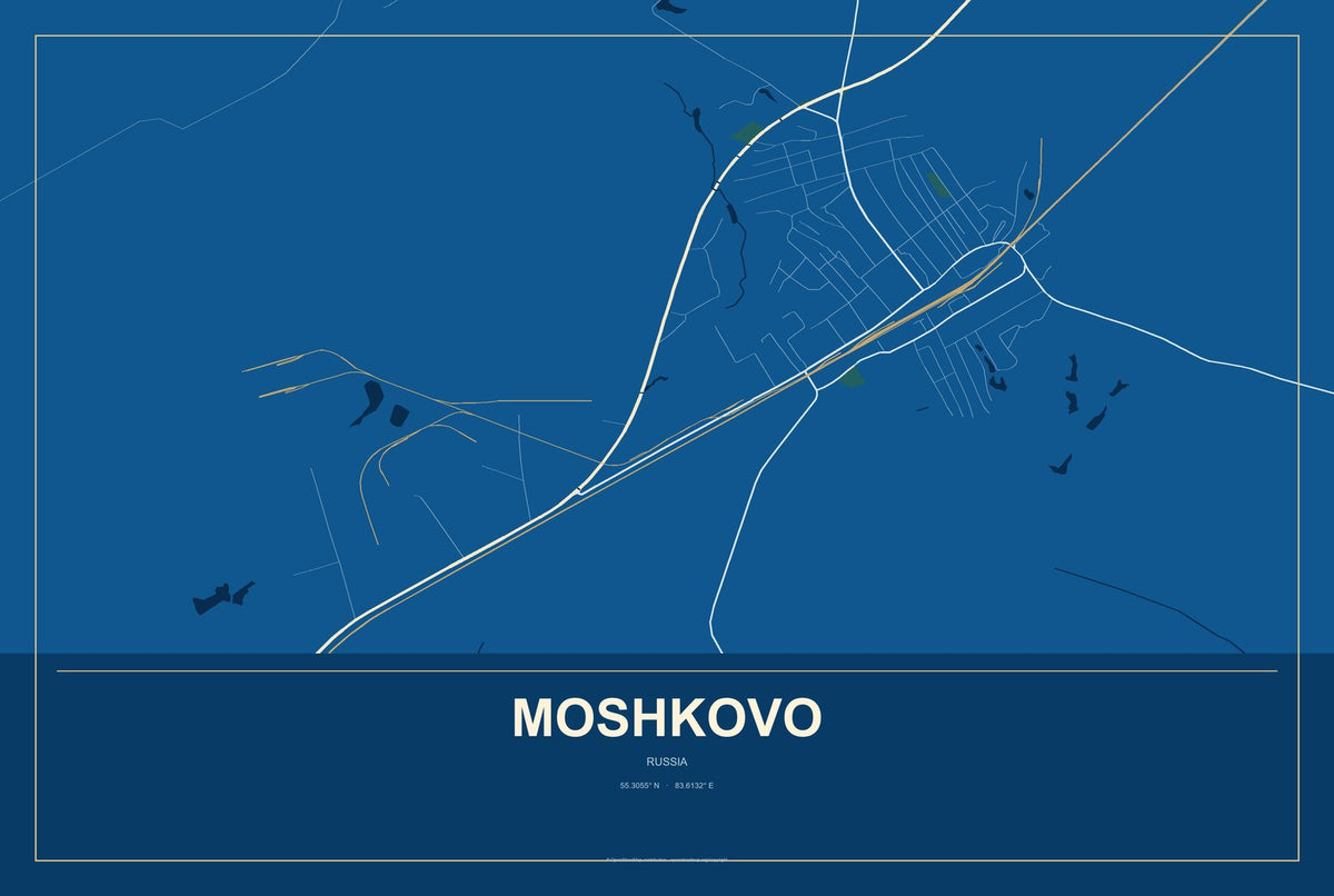Moshkovo, Russia City Map Aluminum Sign in Harbor Cobalt style