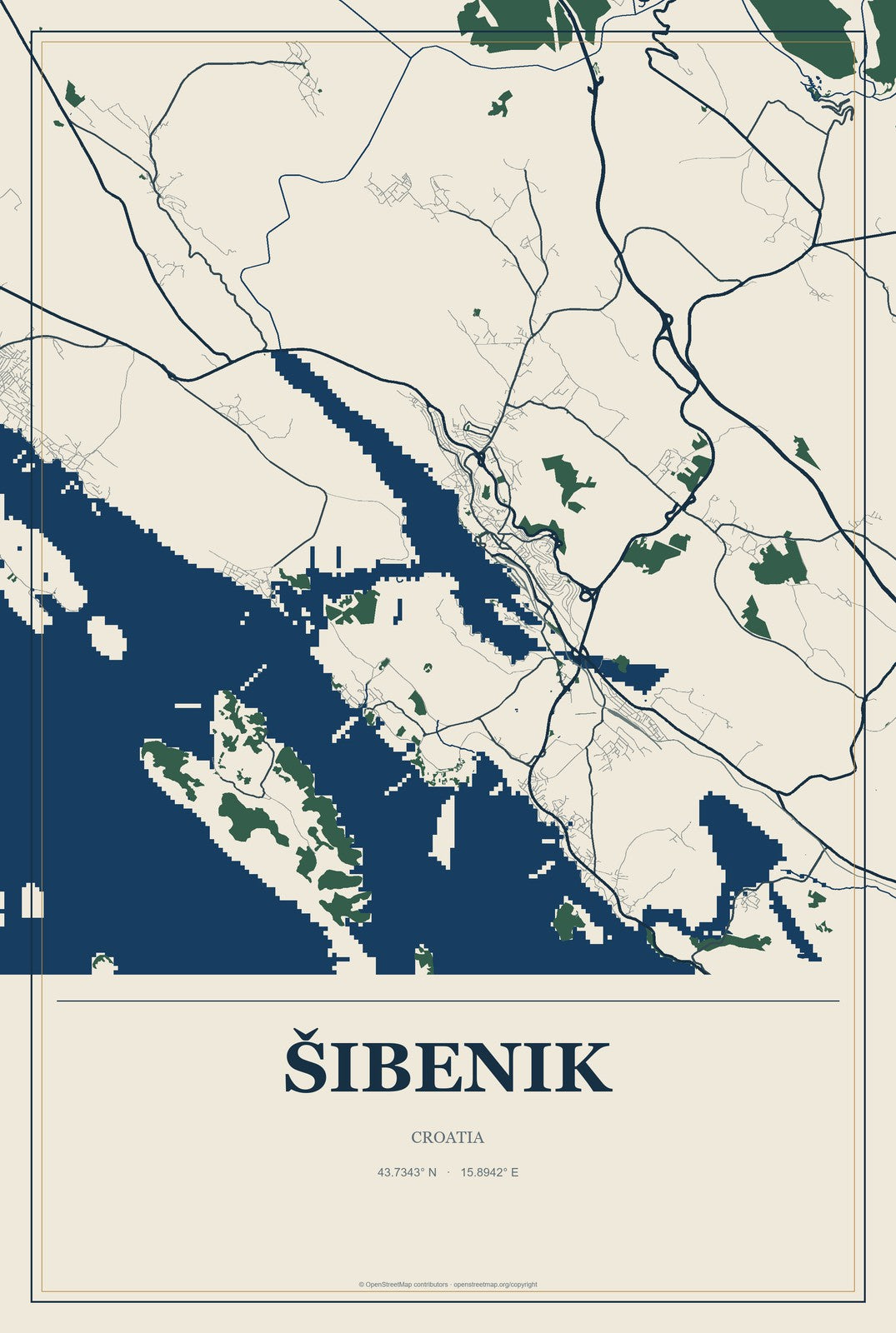 Šibenik, Croatia City Map Aluminum Sign in Coastal Cutout style