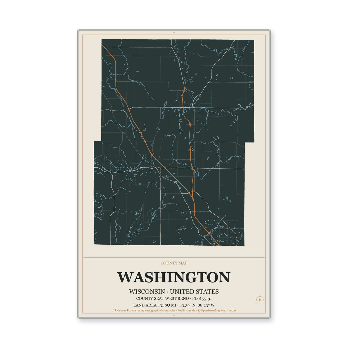 Washington County, Wisconsin Map Aluminum Sign in Headline Atlas style