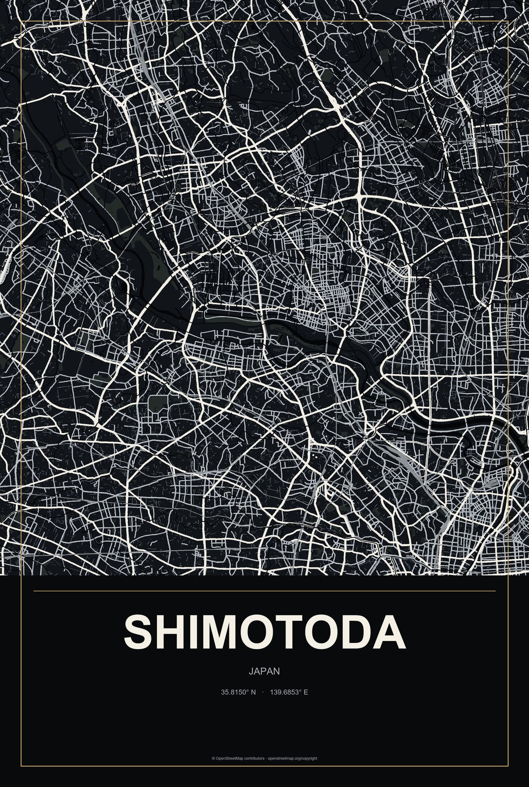 Shimotoda, Japan City Map Aluminum Sign in Metropolitan Noir style