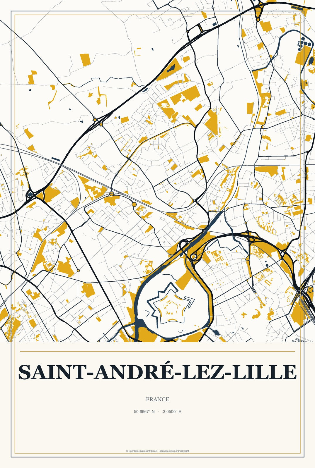 Saint-André-lez-Lille, France City Map Aluminum Sign in Citrine Modern style