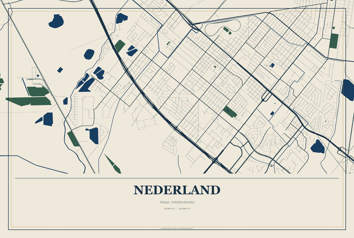 Nederland, Texas City Map Aluminum Sign in Coastal Cutout style