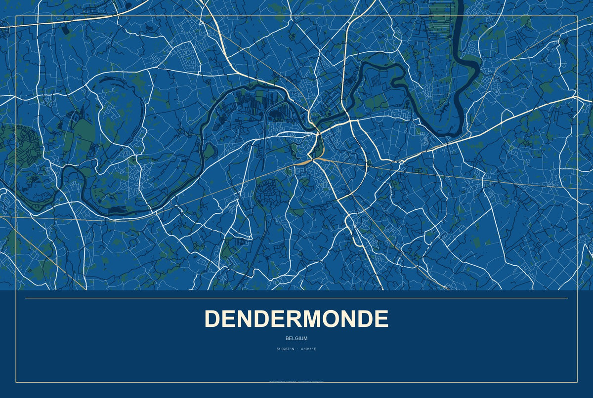 Dendermonde, Belgium City Map Aluminum Sign in Harbor Cobalt style