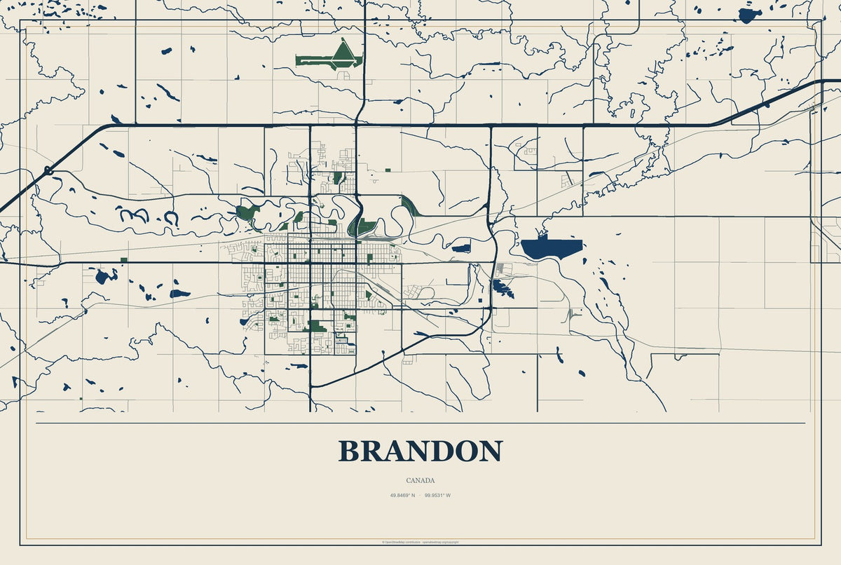 Brandon, Canada City Map Aluminum Sign in Coastal Cutout style