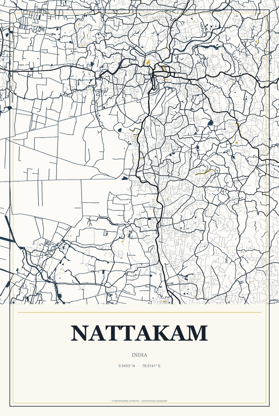Nattakam, India City Map Aluminum Sign in Citrine Modern style