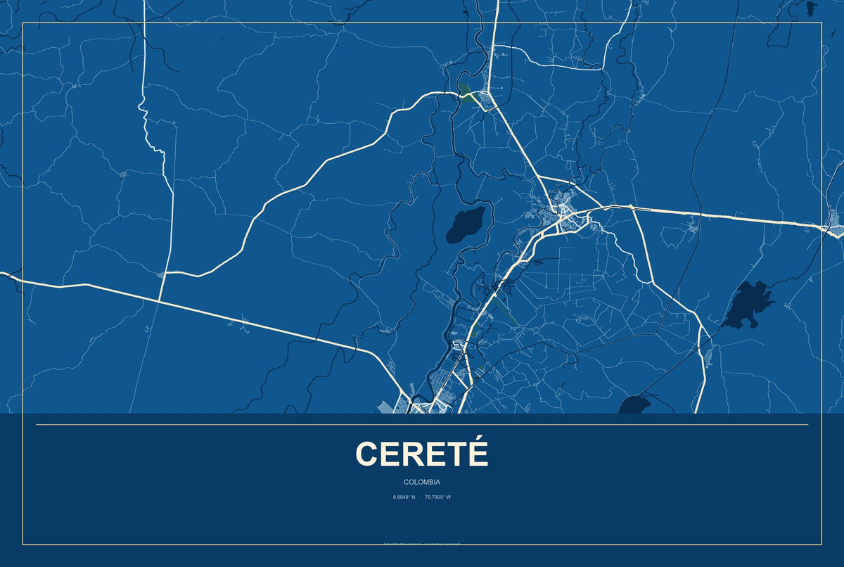 Cereté, Colombia City Map Aluminum Sign in Harbor Cobalt style
