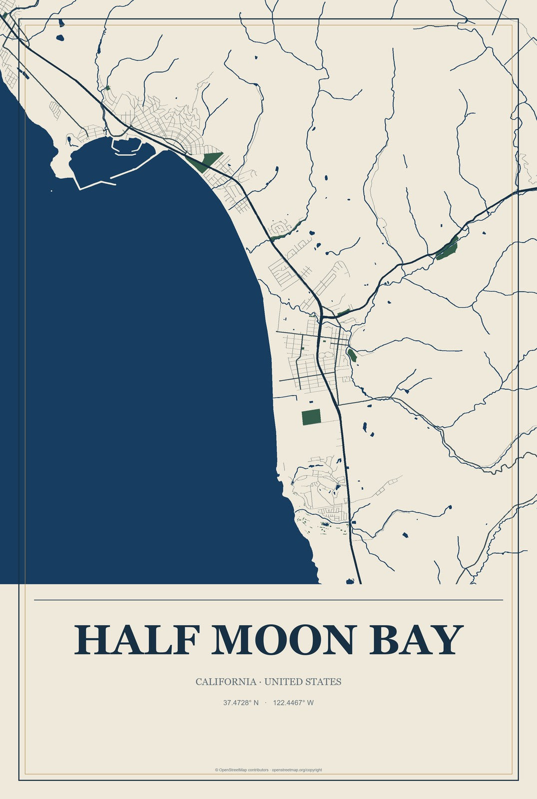 Half Moon Bay, California City Map Aluminum Sign in Coastal Cutout style