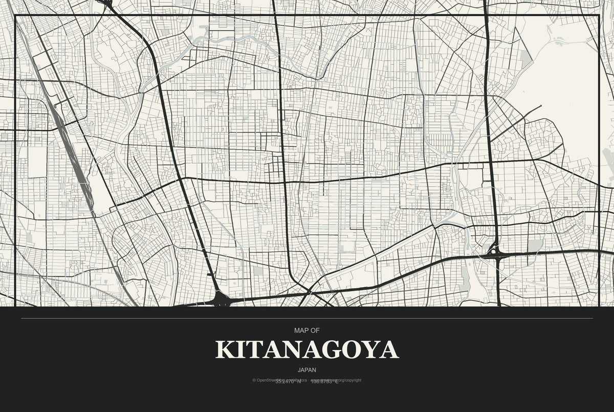 Kitanagoya, Japan City Map Aluminum Sign in Museum Plaque style