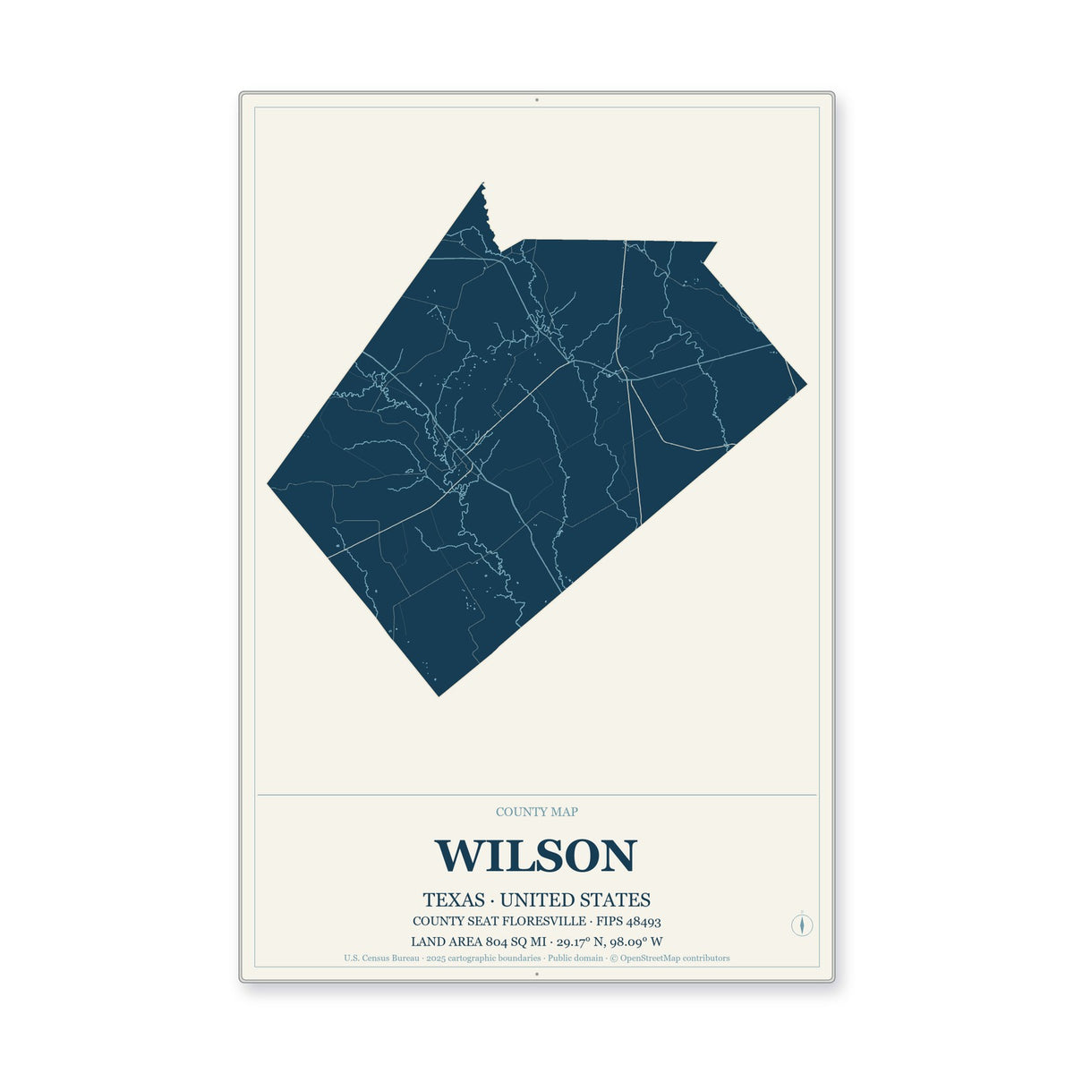 Wilson County, Texas Map Aluminum Sign in Coastal Cutout style