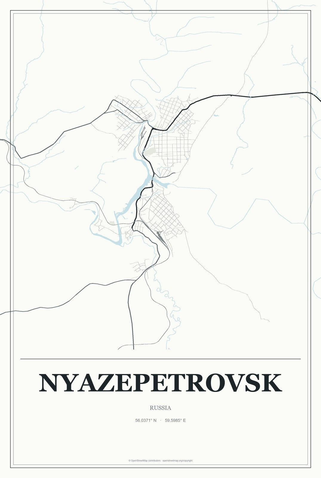 Nyazepetrovsk, Russia City Map Aluminum Sign in Gallery Air style