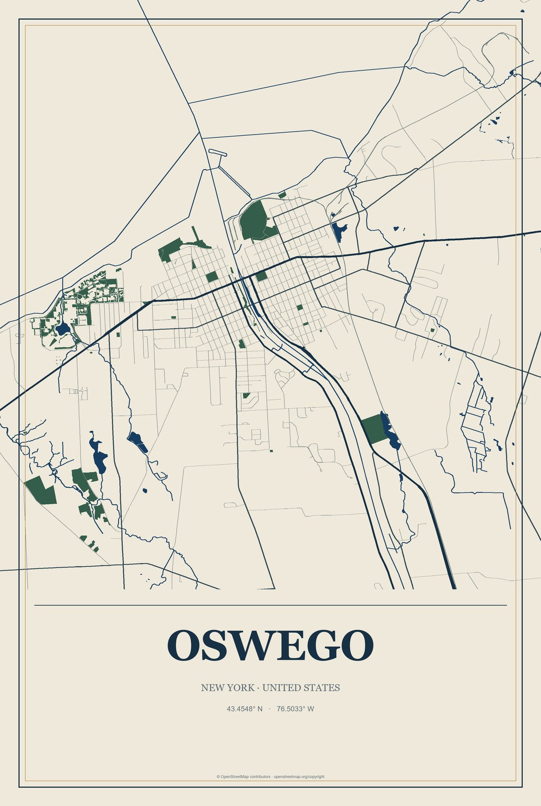 Oswego, New York City Map Aluminum Sign in Coastal Cutout style