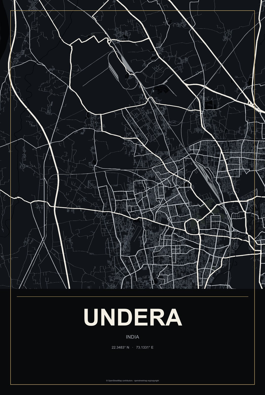 Undera, India City Map Aluminum Sign in Metropolitan Noir style