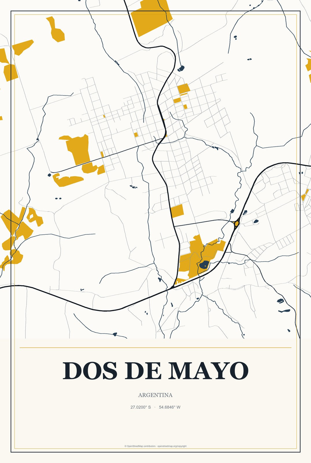 Dos de Mayo, Argentina City Map Aluminum Sign in Citrine Modern style