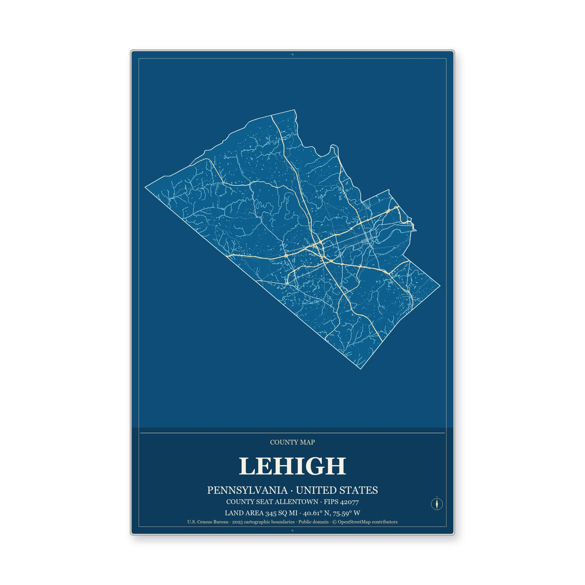 Lehigh County, Pennsylvania Map Aluminum Sign in Harbor Cobalt style