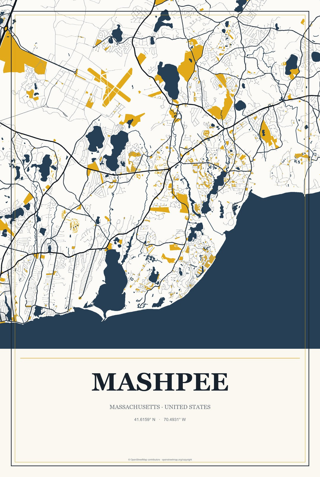 Mashpee, Massachusetts City Map Aluminum Sign in Citrine Modern style