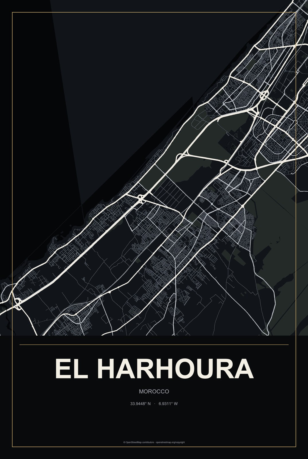 El Harhoura, Morocco City Map Aluminum Sign in Metropolitan Noir style