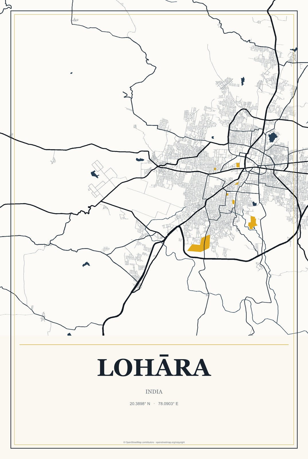 Lohāra, India City Map Aluminum Sign in Citrine Modern style