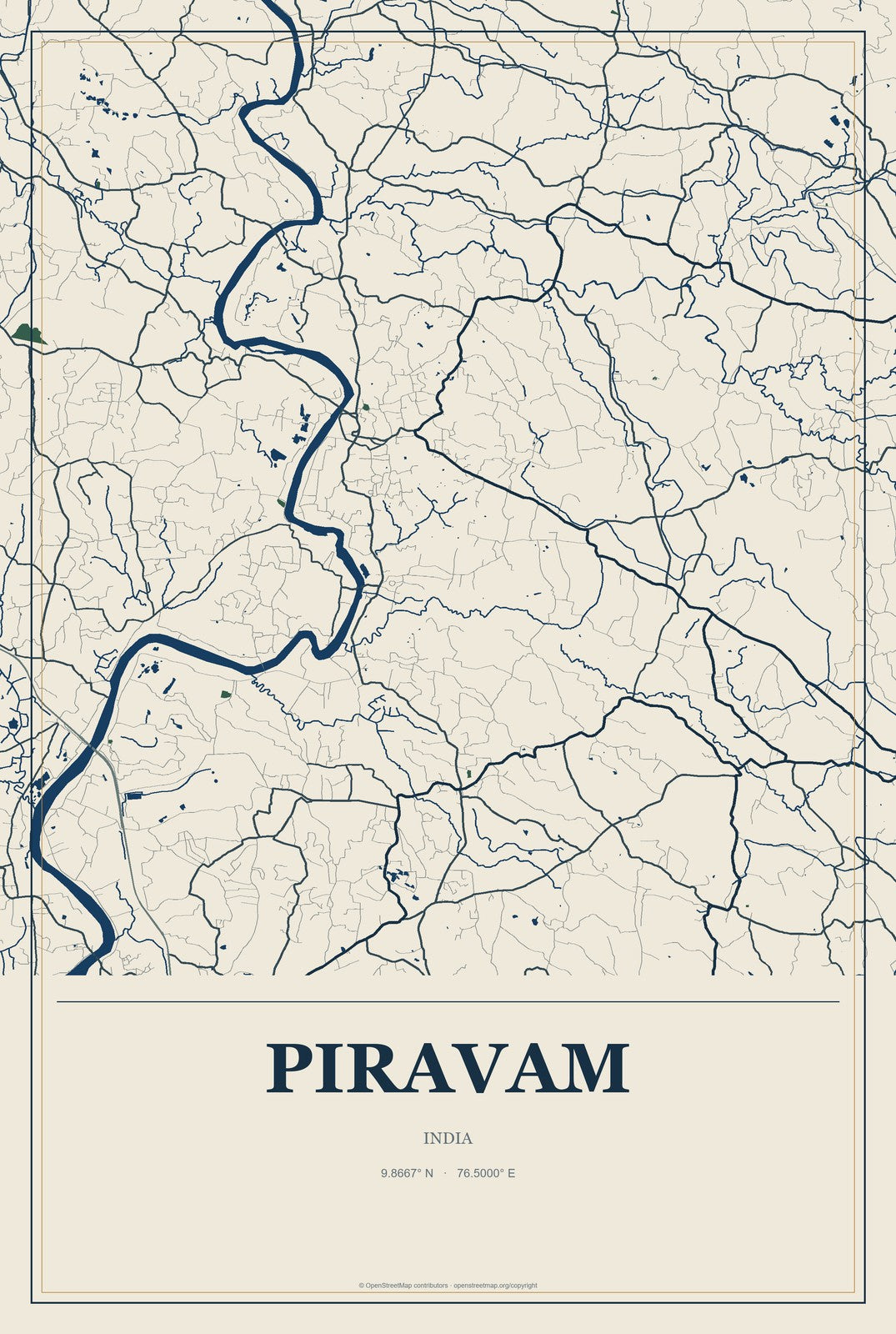 Piravam, India City Map Aluminum Sign in Coastal Cutout style