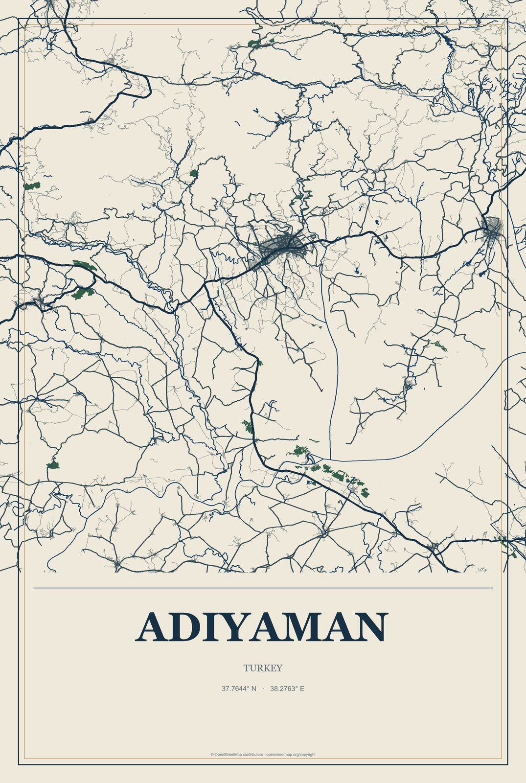 Adıyaman, Turkey City Map Aluminum Sign in Coastal Cutout style