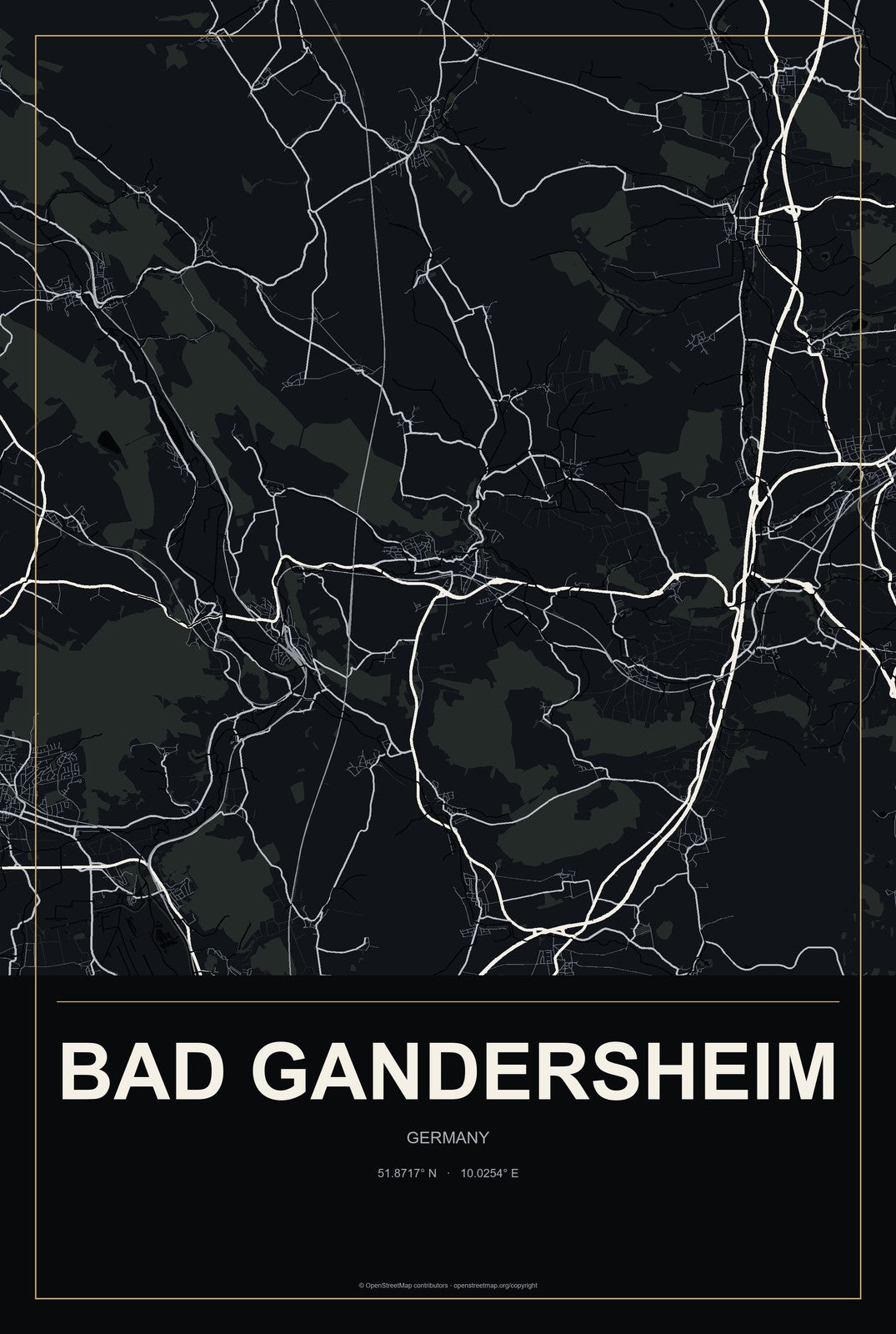 Bad Gandersheim, Germany City Map Aluminum Sign in Metropolitan Noir style