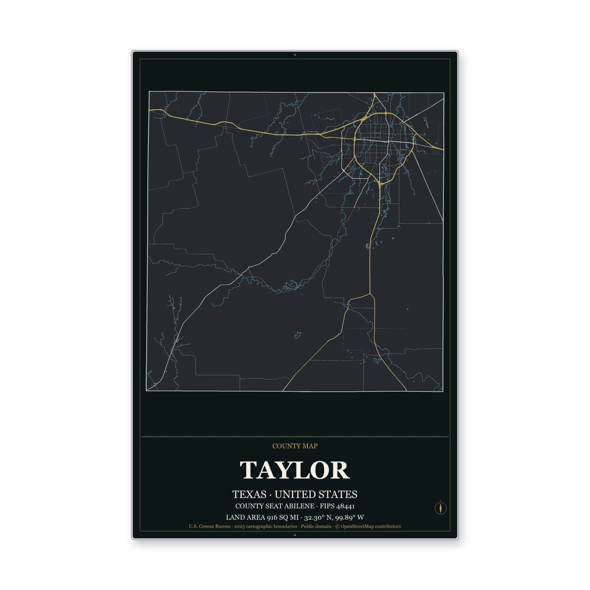 Taylor County, Texas Map Aluminum Sign in Metropolitan Noir style