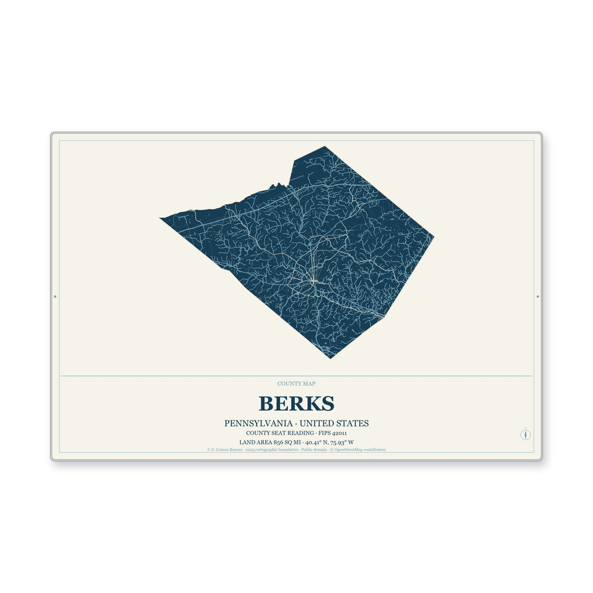 Berks County, Pennsylvania Map Aluminum Sign in Coastal Cutout style