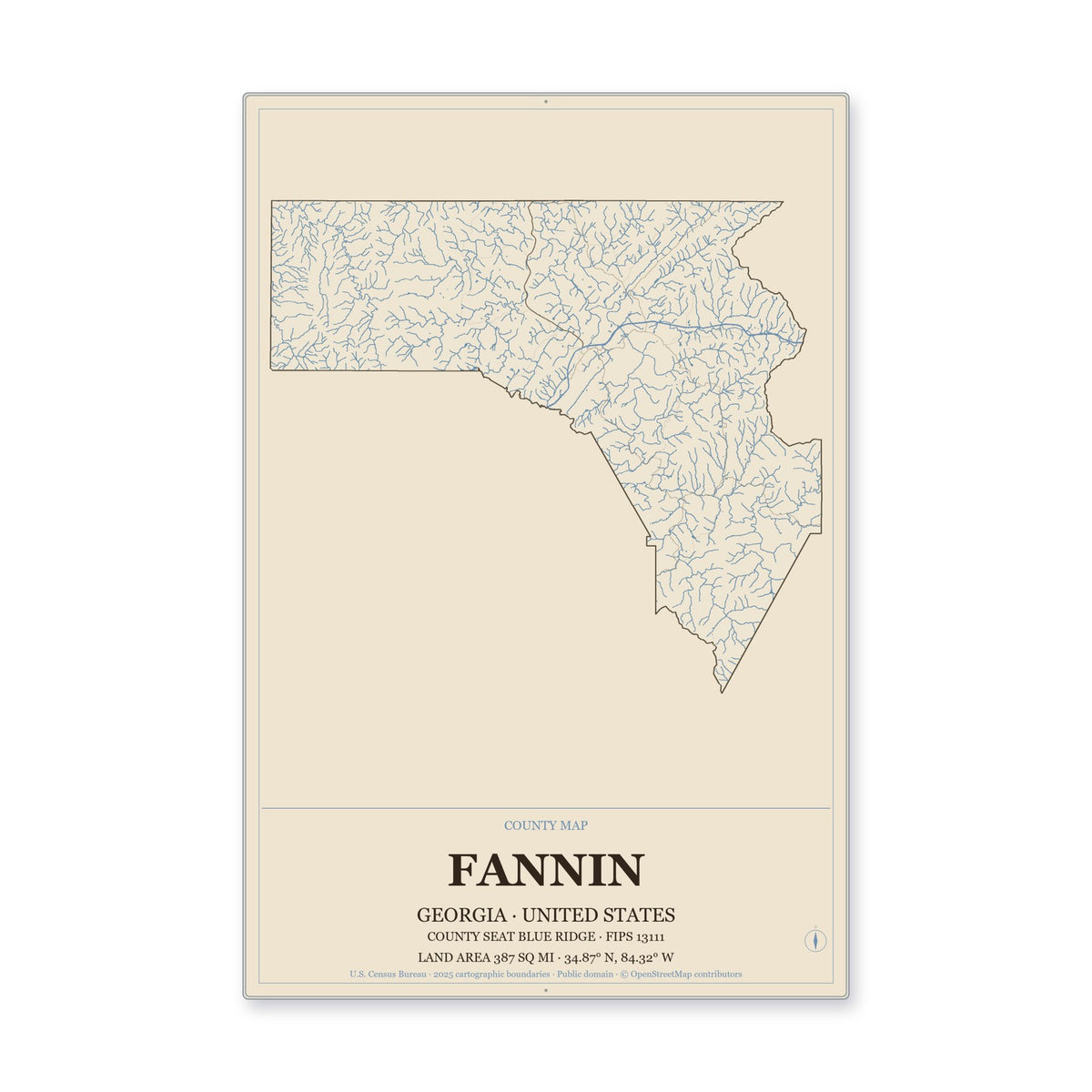 Fannin County, Georgia Map Aluminum Sign in Heritage Nautical style